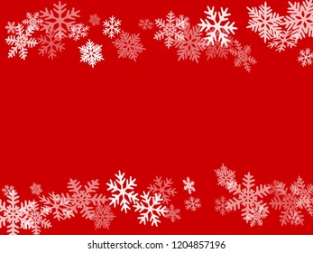 Winter snowflakes border simple vector background.  Macro snowflakes flying border illustration, card or banner with flakes confetti scatter frame, snow elements. Cold weather winter symbols.