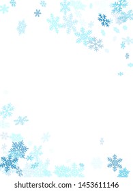 Winter snowflakes border simple vector background.  Macro snowflakes flying border design, holiday banner with flakes confetti scatter frame, snow elements. Frosty winter symbols.