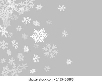 Winter snowflakes border simple vector background.  Macro snowflakes flying border design, holiday card with flakes confetti scatter frame, snow elements. Cold season winter symbols.