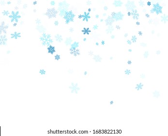 Winter snowflakes border simple vector background.  Macro snow flakes flying border illustration, card or banner with flakes confetti scatter frame, snow elements. Frosty winter symbols.