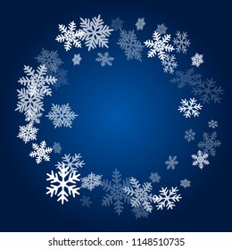 Winter snowflakes border trendy vector background.  Macro snow flakes flying border illustration, card or banner with flakes confetti scatter frame, snow elements. Seasonal winter symbols.