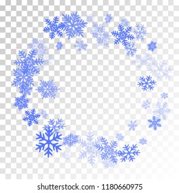 Winter snowflakes border trendy vector background.  Macro snowflakes flying border design, holiday card with crystal flakes confetti scatter frame, snow elements. Seasonal winter symbols.