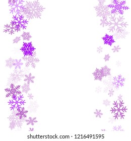 Winter snowflakes border trendy vector background.  Macro snowflakes flying border illustration, holiday card with flakes confetti scatter frame, snow elements. Cold weather winter symbols.