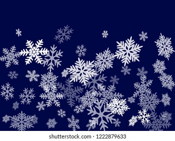 Winter snowflakes border trendy vector background.  Macro snowflakes flying border design, holiday card with flakes confetti scatter frame, snow elements. Frosty season symbols.