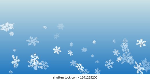 Winter snowflakes border trendy vector background.  Macro snowflakes flying border design, holiday card with many flakes confetti scatter frame, snow elements. Cold weather winter symbols.
