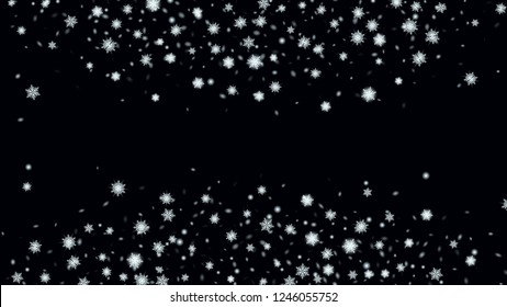 Winter snowflakes border trendy vector background. Festive decoration Christmas banner. Macro snowflakes flying border illustration. Dark base.