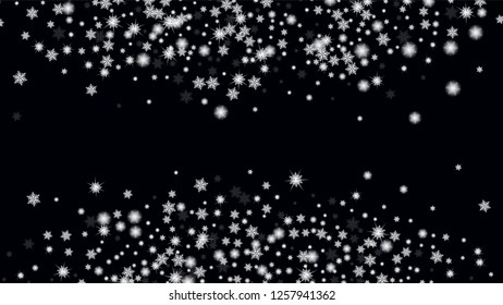Winter snowflakes border trendy vector background. Holiday illustration for christmas card. Macro snowflakes flying border illustration. Black base.