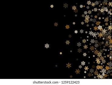 Winter snowflakes border trendy vector background.  Macro snowflakes flying border graphics, holiday banner with flakes confetti scatter frame, snow elements. Frosty season symbols.