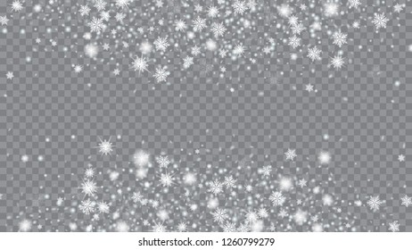 Winter snowflakes border trendy vector background. Bbright, White, Shimmer, Glowing, Scatter, Falling background. Holiday decoration Christmas banner. Transparent base.