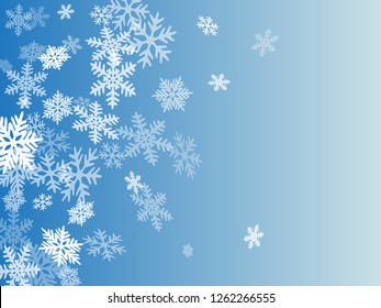 Winter snowflakes border trendy vector background.  Macro snowflakes flying border illustration, card or banner with flakes confetti scatter frame, snow elements. Cold weather winter symbols.