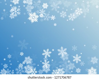 Winter snowflakes border trendy vector background.  Macro snowflakes flying border illustration, holiday card with flakes confetti scatter frame, snow elements. Frosty cold season symbols.