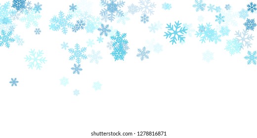 Winter snowflakes border trendy vector background.  Macro snowflakes flying border design, holiday card with crystal flakes confetti scatter frame, snow elements. Frosty season symbols.