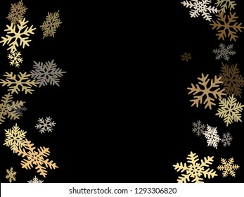 Winter snowflakes border trendy vector background.  Macro snowflakes flying border design, holiday card with flakes confetti scatter frame, snow elements. Cold season winter symbols.