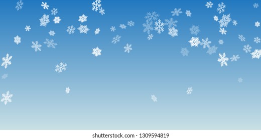 Winter snowflakes border trendy vector background.  Macro snowflakes flying border illustration, holiday card with flakes confetti scatter frame, snow elements. Cold weather winter symbols.