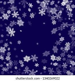 Winter snowflakes border trendy vector background.  Macro snowflakes flying border design, holiday card with crystal flakes confetti scatter frame, snow elements. Frosty season symbols.