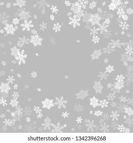 Winter snowflakes border trendy vector background.  Macro snowflakes flying border illustration, holiday banner with flakes confetti scatter frame, snow elements. Cold weather winter symbols.