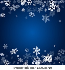 Winter snowflakes border trendy vector background.  Many snowflakes flying border design, holiday banner with flakes confetti scatter frame, snow elements. Cold weather winter symbols.