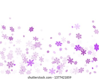 Winter snowflakes border trendy vector background.  Macro snowflakes flying border graphics, holiday card with flakes confetti scatter frame, snow elements. Frosty season symbols.