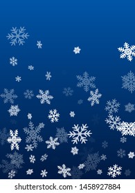 Winter snowflakes border trendy vector background.  Macro snowflakes flying border design, holiday card with crystal flakes confetti scatter frame, snow elements. Frosty winter symbols.