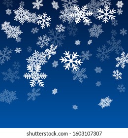 Winter snowflakes border trendy vector background.  Macro snow flakes flying border illustration, card or banner with flakes confetti scatter frame, snow elements. Frosty season symbols.