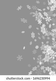 Winter snowflakes border trendy vector background.  Macro snowflakes flying border design, holiday banner with flakes confetti scatter frame, snow elements. Frosty season symbols.