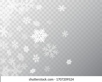 Winter snowflakes border trendy vector background.  Macro snowflakes flying border design, holiday banner with flakes confetti scatter frame, snow elements. Seasonal winter symbols.