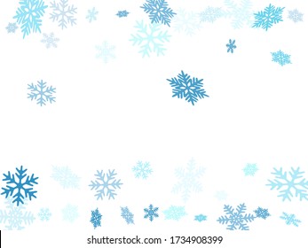 Winter snowflakes border trendy vector background.  Macro snowflakes flying border design, holiday card with flakes confetti scatter frame, snow elements. Seasonal winter symbols.
