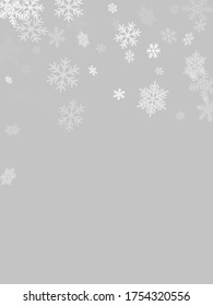Winter snowflakes border trendy vector background.  Macro snowflakes flying border design, holiday banner with flakes confetti scatter frame, snow elements. Frosty cold season symbols.
