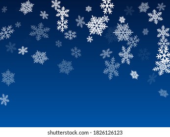 Winter snowflakes border trendy vector background.  Macro snowflakes flying border graphics, holiday card with flakes confetti scatter frame, snow elements. Cold weather winter symbols.