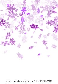 Winter snowflakes border trendy vector background.  Macro snow flakes flying border illustration, card or banner with flakes confetti scatter frame, snow elements. Cold weather winter symbols.