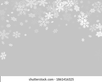 Winter snowflakes border trendy vector background.  Macro snowflakes flying border illustration, holiday banner with flakes confetti scatter frame, snow elements. Frosty cold season symbols.