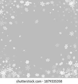 Winter snowflakes border trendy vector background.  Macro snowflakes flying border illustration, holiday card with flakes confetti scatter frame, snow elements. Cold season winter symbols.