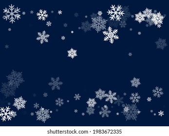 Winter snowflakes border trendy vector background. Macro snowflakes flying border illustration, holiday card with flakes confetti scatter frame, snow elements. Frosty season symbols.