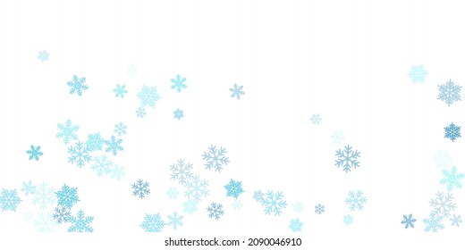 Winter snowflakes border trendy vector background.  Macro snow flakes flying border illustration, card or banner with flakes confetti scatter frame, snow elements. Seasonal winter symbols.