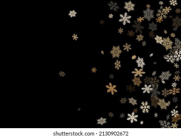 Winter snowflakes border trendy vector background.  Macro snow flakes flying border illustration, card or banner with flakes confetti scatter frame, snow elements. Frosty cold season symbols.
