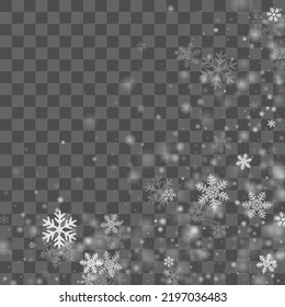 Winter snowflakes border trendy vector background.  Macro snowflakes flying border corner illustration, card or banner with flakes confetti scatter frame, snow elements. Freezing cold symbols.