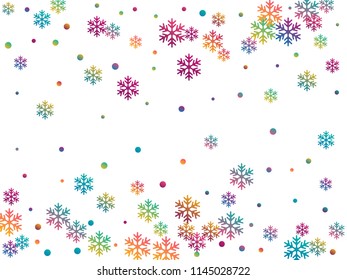 Winter snowflakes and circles border vector illustration. Unusual gradient snow flakes isolated card background. New Year card border holiday pattern with cool snowflake elements isolated.