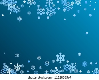 Winter snowflakes and circles border vector illustration. Unusual gradient snow flakes isolated card background. New Year card border pattern template with cool snowflake shapes isolated.