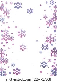 Winter snowflakes and circles border vector backdrop. Unusual gradient snow flakes isolated flyer background. New Year 2019 card border pattern template with falling snowflake elements isolated.