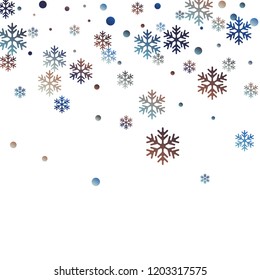 Winter snowflakes and circles border vector backdrop. Unusual gradient snow flakes isolated banner background. New Year card border holiday pattern with falling snowflake elements isolated.