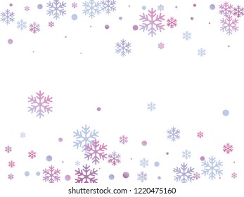 Winter snowflakes and circles border vector design. Unusual gradient snow flakes isolated flyer background. New Year 2019 card border pattern template with simple snowflake shapes isolated.