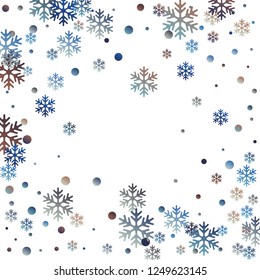 Winter snowflakes and circles border vector illustration. Unusual gradient snow flakes isolated banner background. New Year card border pattern template with trendy snowflake shapes isolated.