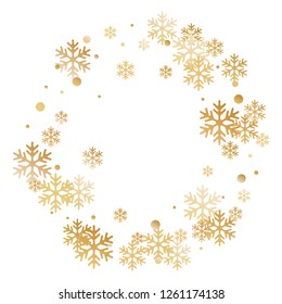 Winter snowflakes and circles border vector design. Unusual gradient snow flakes isolated banner background. New Year 2019 card border pattern template with minimal snowflake shapes isolated.