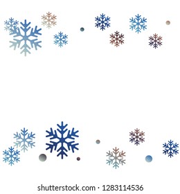 Winter snowflakes and circles border vector graphics. Unusual gradient snow flakes isolated poster background. New Year card border winter pattern with falling snowflake shapes isolated.