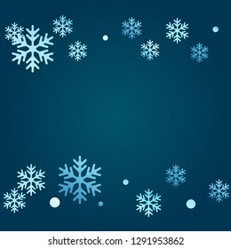 Winter snowflakes and circles border vector backdrop. Unusual gradient snow flakes isolated poster background. New Year 2019 card border pattern template with cool snowflake elements isolated.