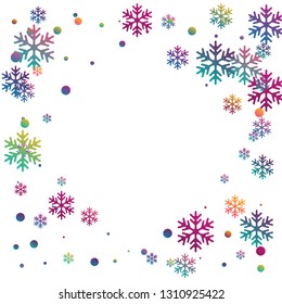 Winter snowflakes and circles border vector illustration. Unusual gradient snow flakes isolated card background. New Year card border pattern template with simple snowflake shapes isolated.