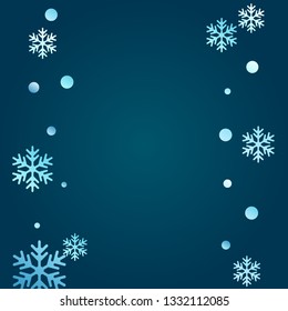 Winter snowflakes and circles border vector graphics. Unusual gradient snow flakes isolated flyer background. New Year card border winter pattern with falling snowflake shapes isolated.