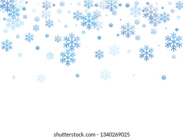 Winter snowflakes and circles border vector illustration. Unusual gradient snow flakes isolated flyer background. New Year card border pattern template with falling snowflake shapes isolated.