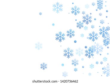 Winter snowflakes and circles border vector backdrop. Unusual gradient snow flakes isolated poster background. New Year card border pattern template with flying snowflake elements isolated.