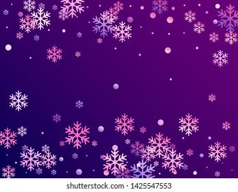 Winter snowflakes and circles border vector design. Unusual gradient snow flakes isolated flyer background. New Year card border holiday pattern with minimal snowflake shapes isolated.